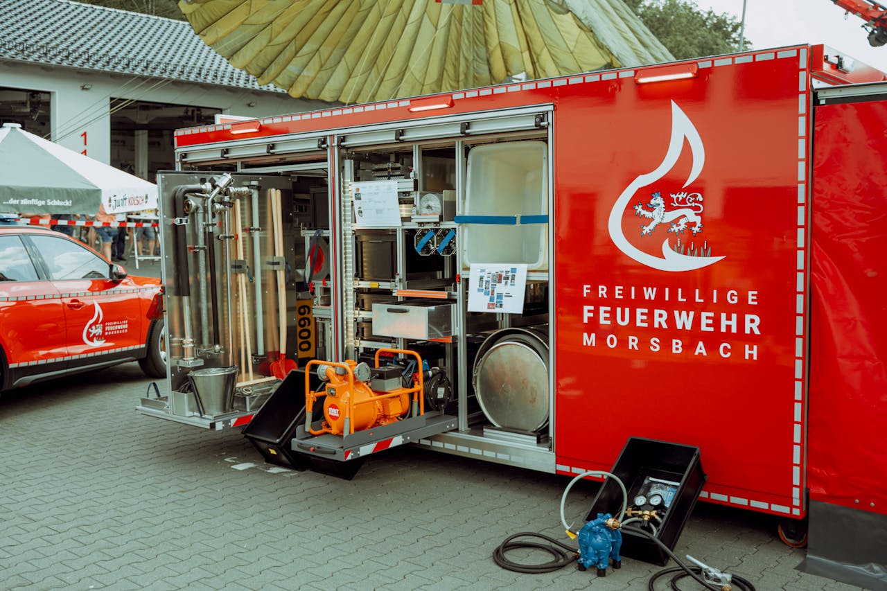 Menus Detailed view of firefighting equipment at Freiwillige Feuerwehr Morsbach event.
