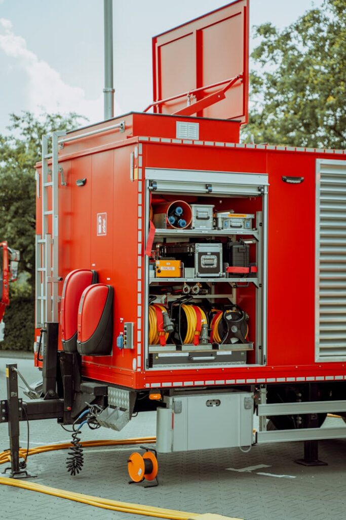 Close-up view of a firetruck's equipment compartment showcasing modern firefighting tools.