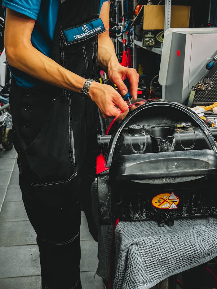 Menus Skilled technician repairing an electric unicycle in a modern workshop setting.