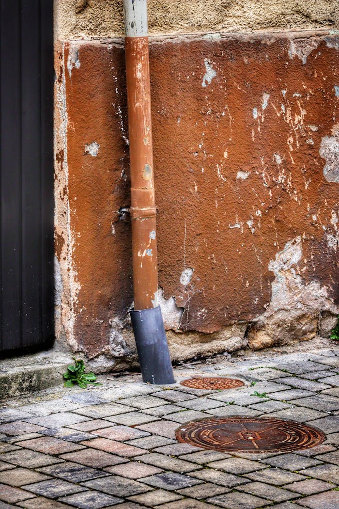 Rustic exterior wall with weathered textures, drainpipe, and cobblestone path in urban setting.