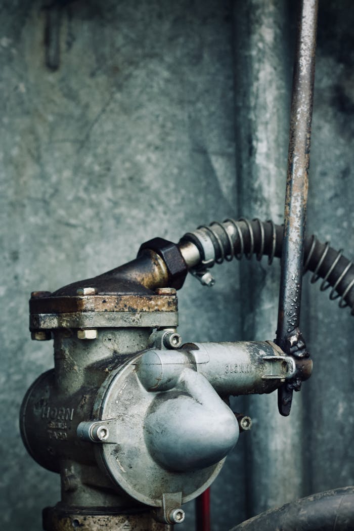 Close-up of an industrial metal valve with a flexible hose, perfect for engineering themes.